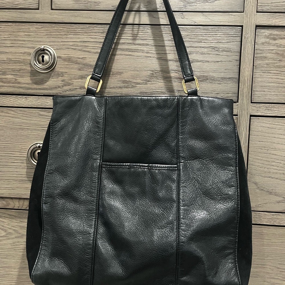 Margot Leather and Suede Large Black Purse With Tassel and Gold Accents, Pockets
